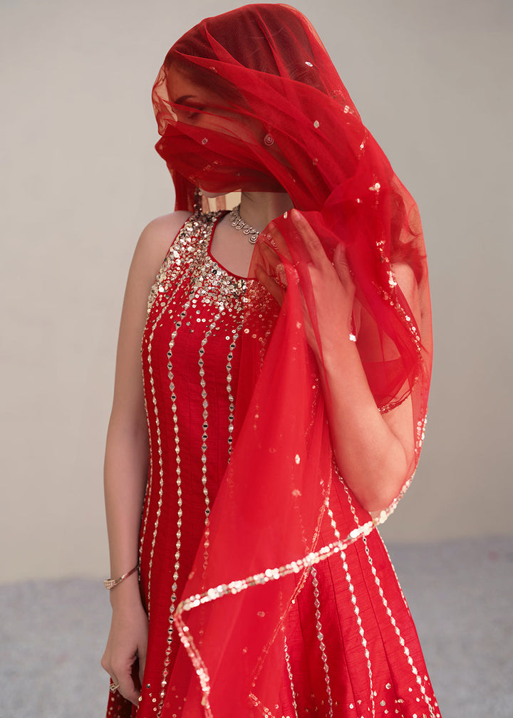 Scarlet Red Silk Embroidered Designer Suit