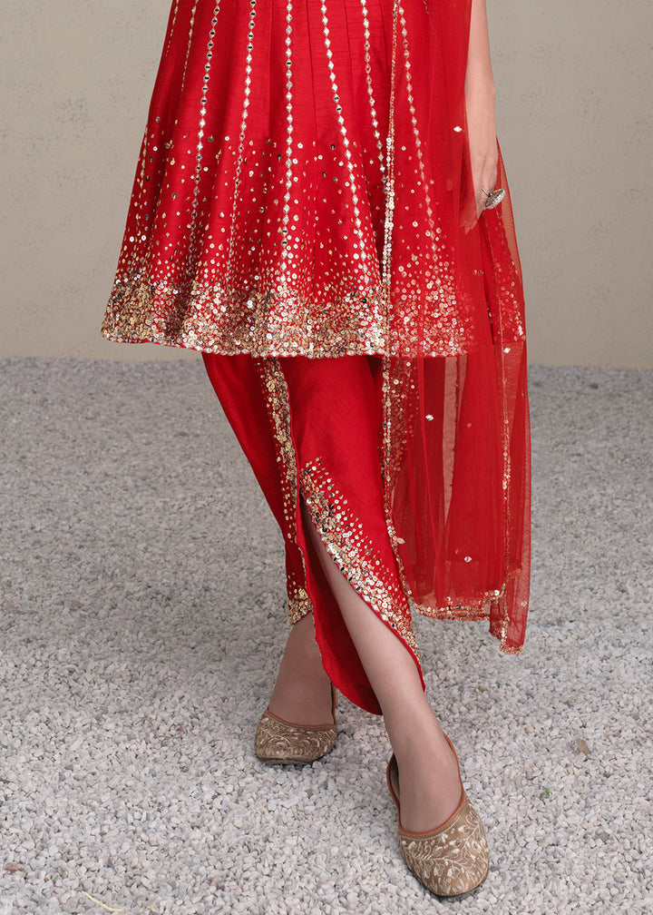 Scarlet Red Silk Embroidered Designer Suit