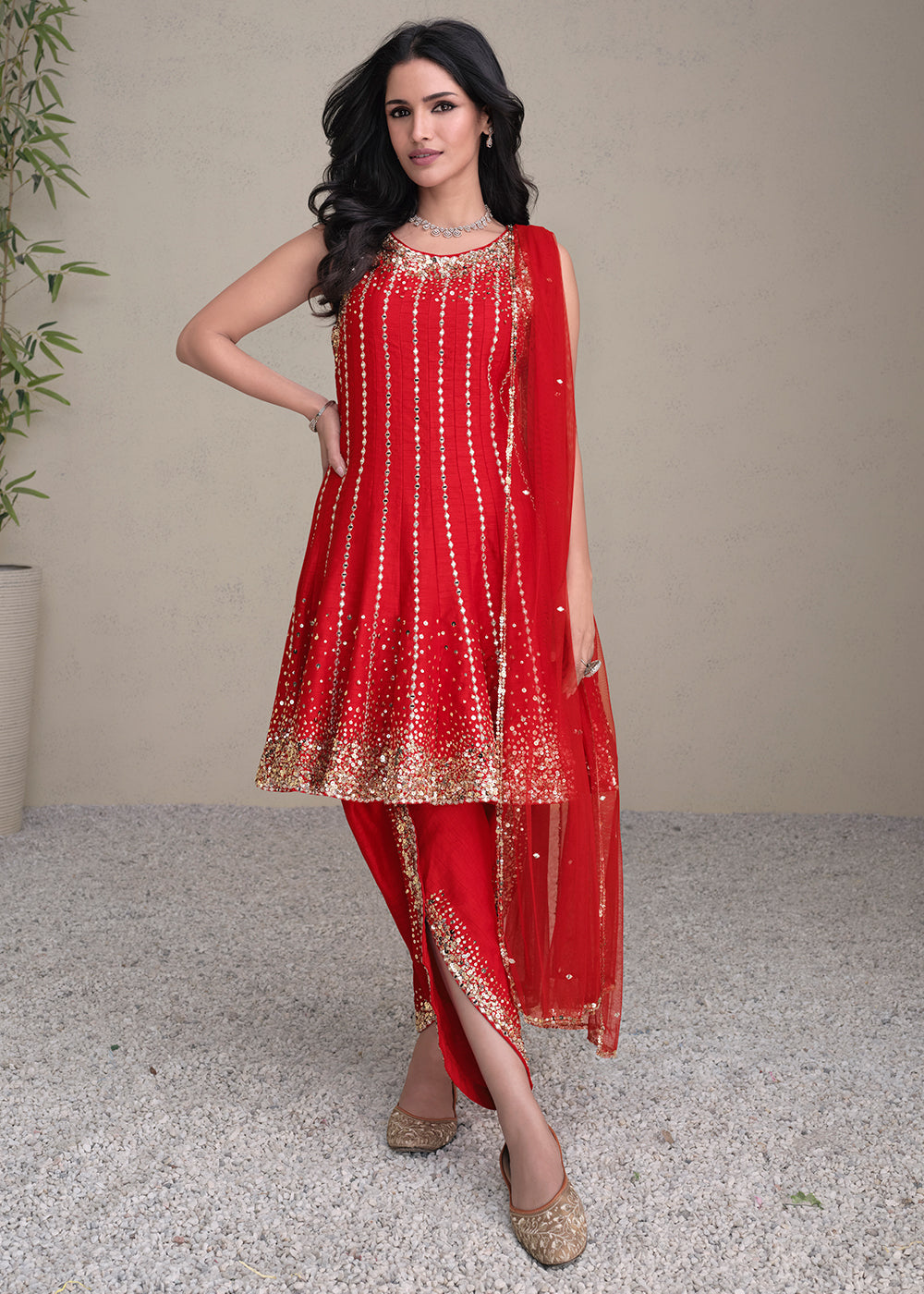 Scarlet Red Silk Embroidered Designer Suit