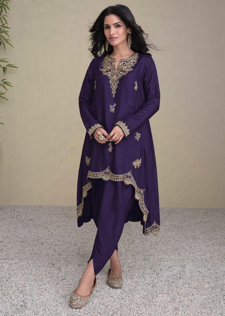 Indigo Purple Silk Embroidered Designer Suit