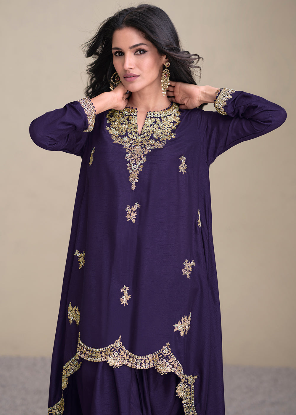 Indigo Purple Silk Embroidered Designer Suit