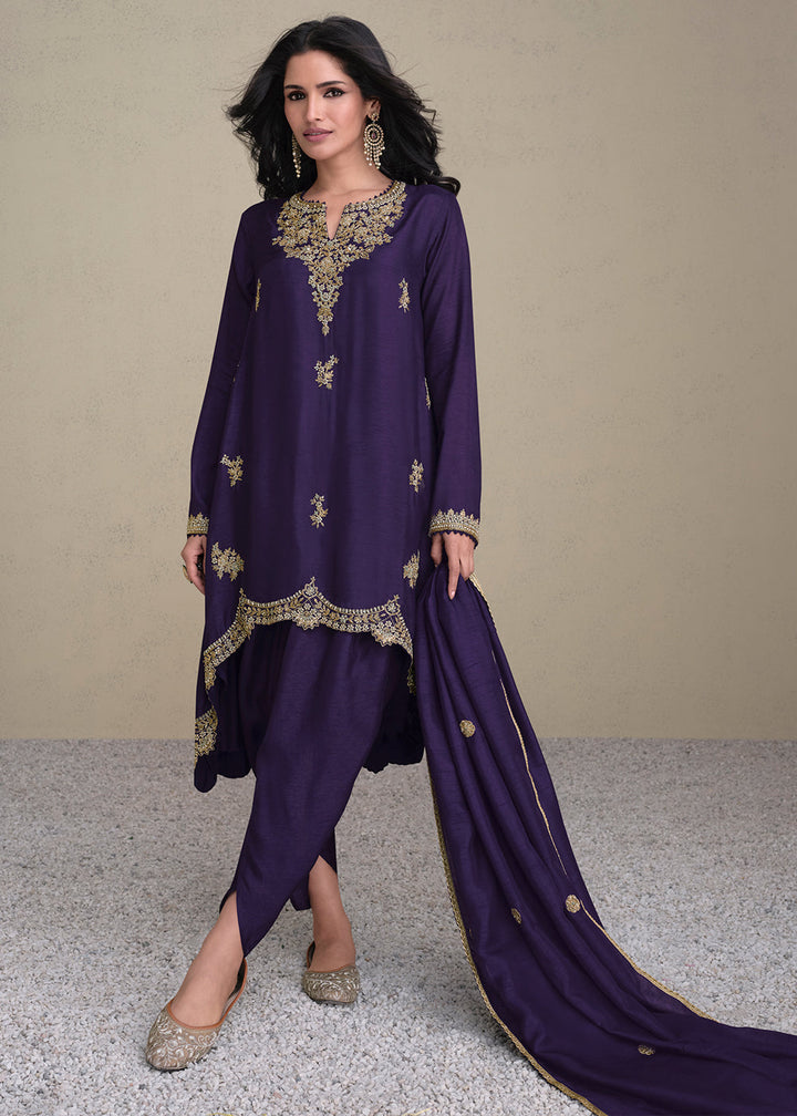 Indigo Purple Silk Embroidered Designer Suit