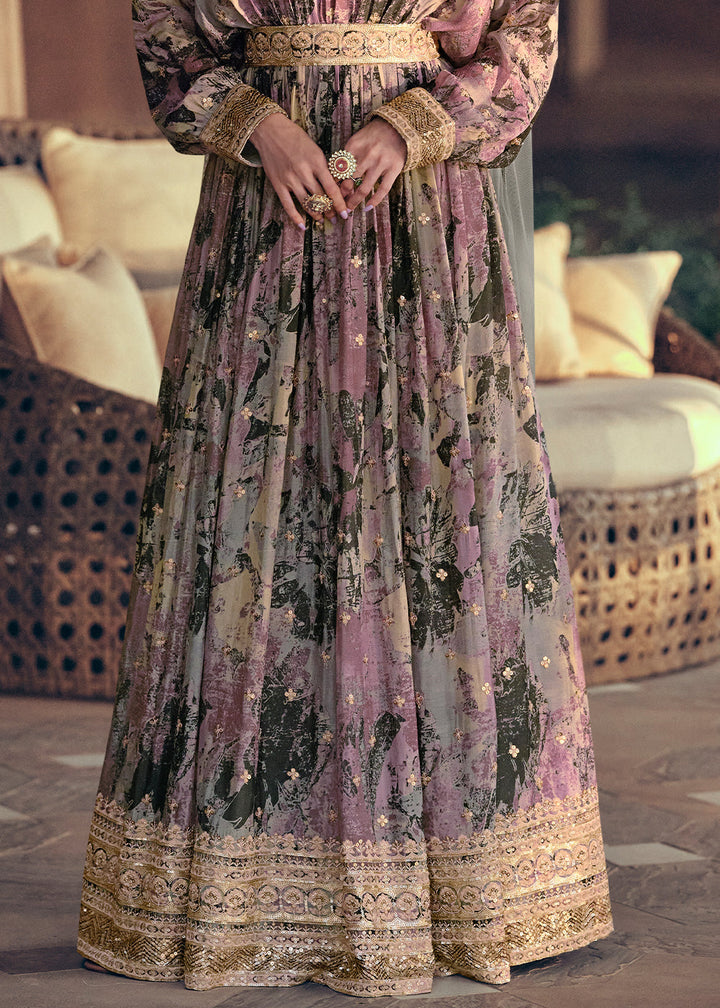 Purple & Black Floral Printed Georgette Anarkali Suit with Embroidery work