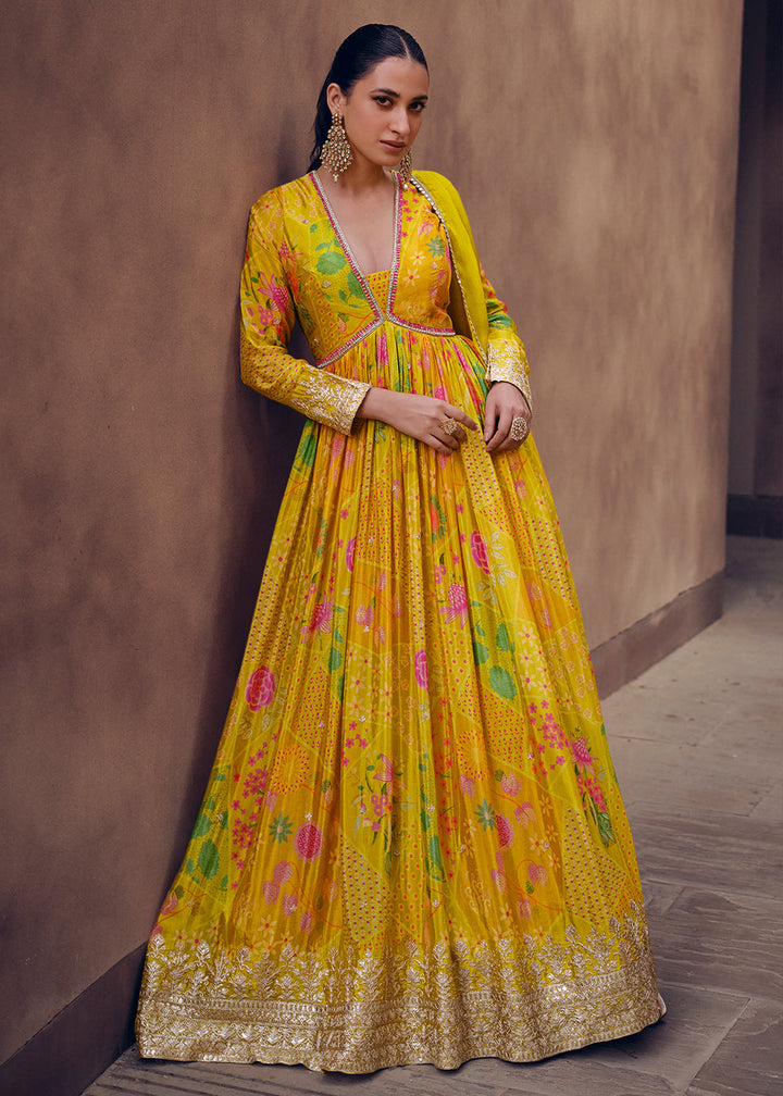 Shades Of Yellow Floral Printed Georgette Anarkali Suit with Embroidery work(Pre-Order)