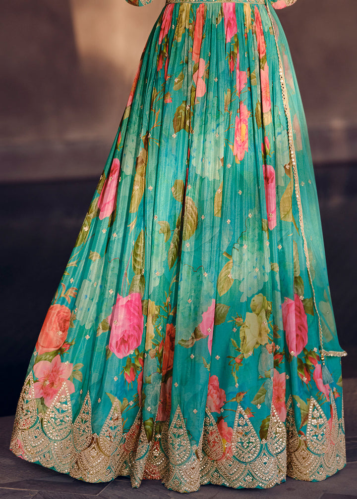 Shades Of Blue Floral Printed Georgette Anarkali Suit with Embroidery work(Pre-Order)