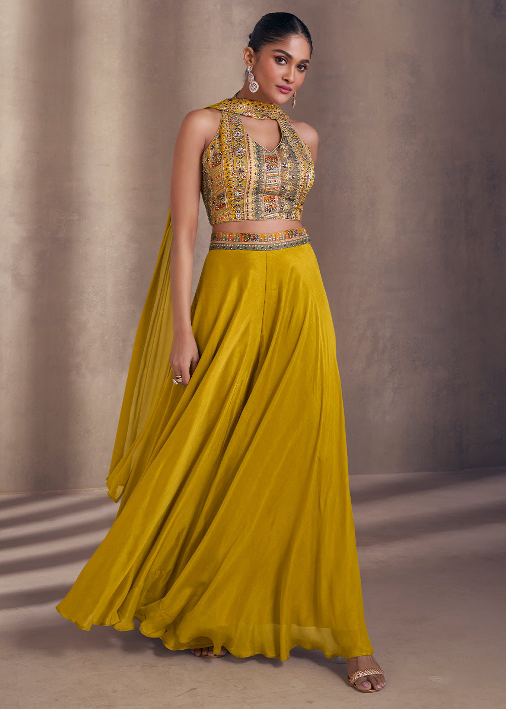 Mustard Yellow Designer Embroidered Top & Plazzo Set