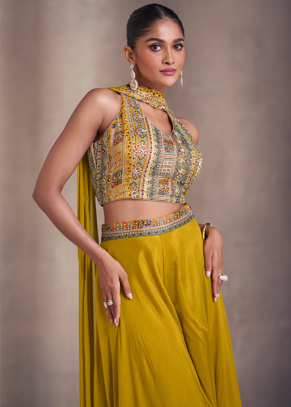 Mustard Yellow Designer Embroidered Top & Plazzo Set