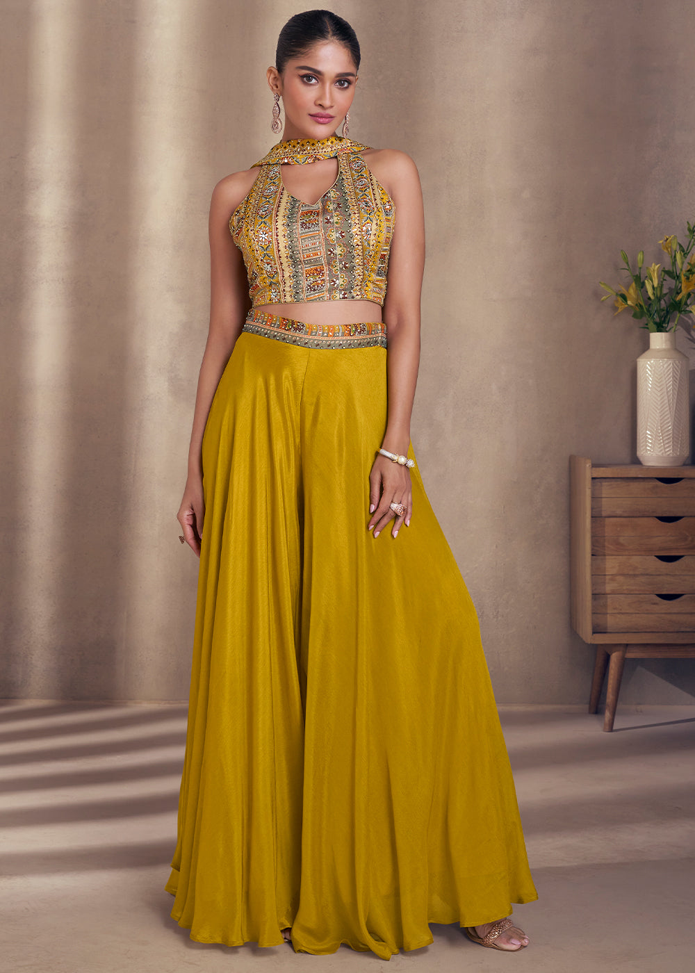 Mustard Yellow Designer Embroidered Top & Plazzo Set