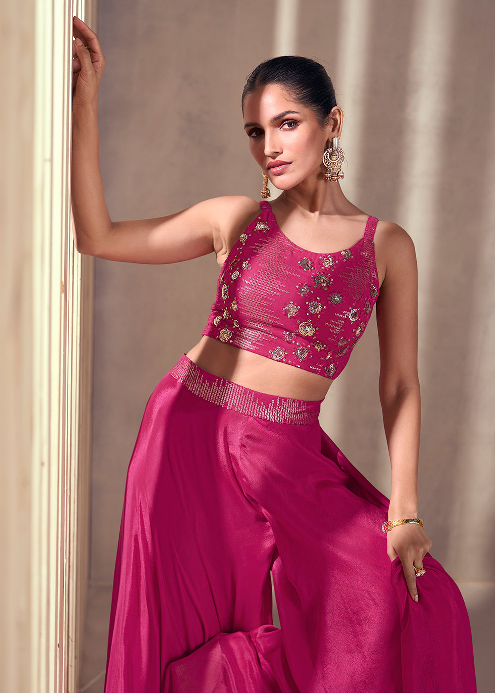 Hot Pink Designer Embroidered Top & Plazzo Set