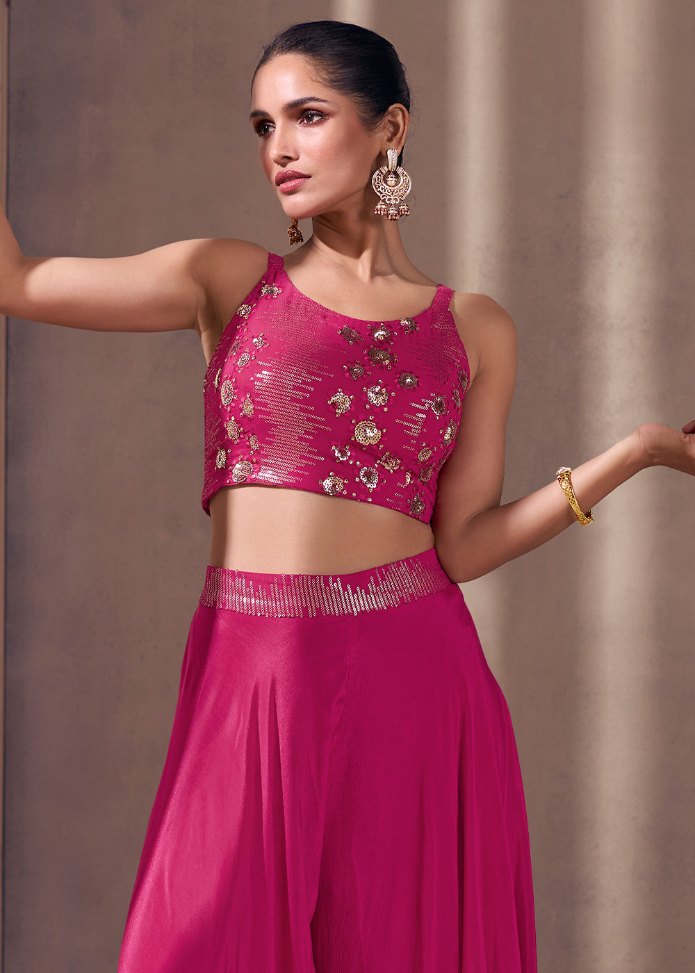 Hot Pink Designer Embroidered Top & Plazzo Set