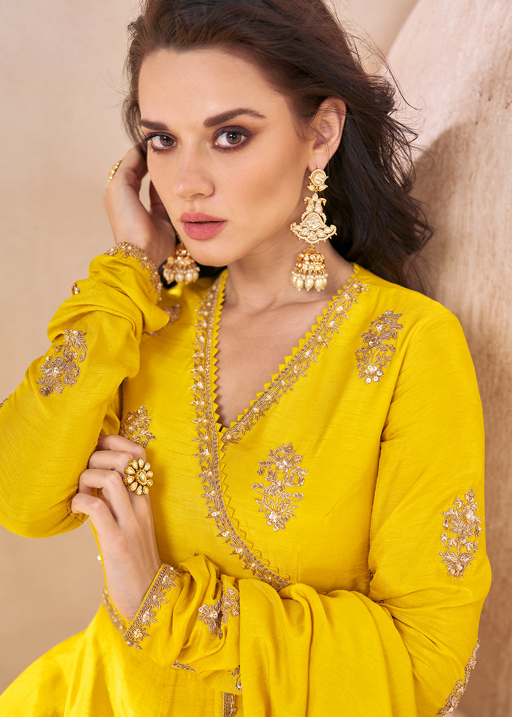 Cadmium Yellow Silk Anarkali Gown with Embroidery work