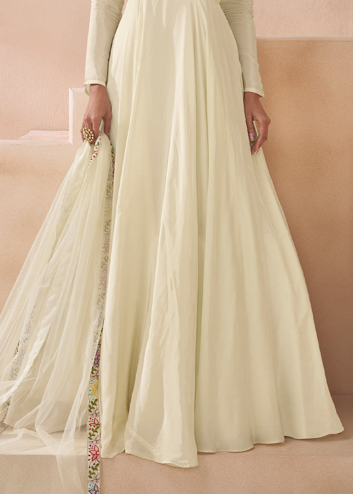 Pearl White Silk Anarkali Gown with Embroidery work