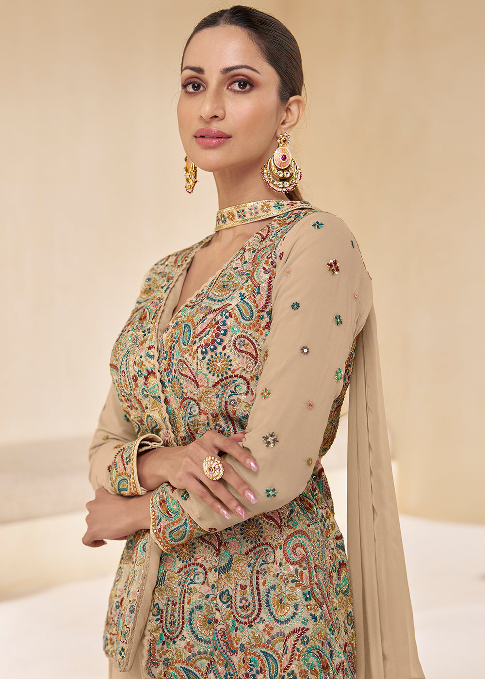 Light Brown Embroidered Georgette Plazzo Suit