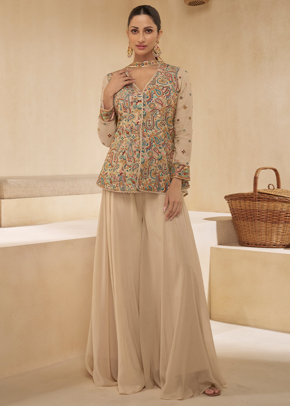 Light Brown Embroidered Georgette Plazzo Suit