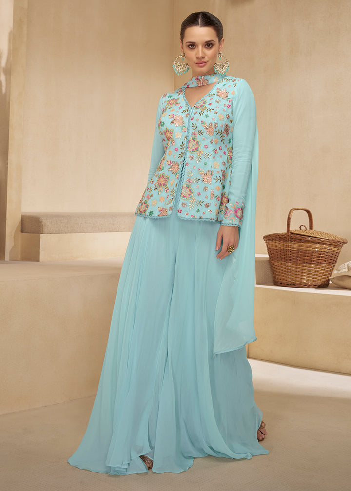 Sky Blue Embroidered Georgette Plazzo Suit