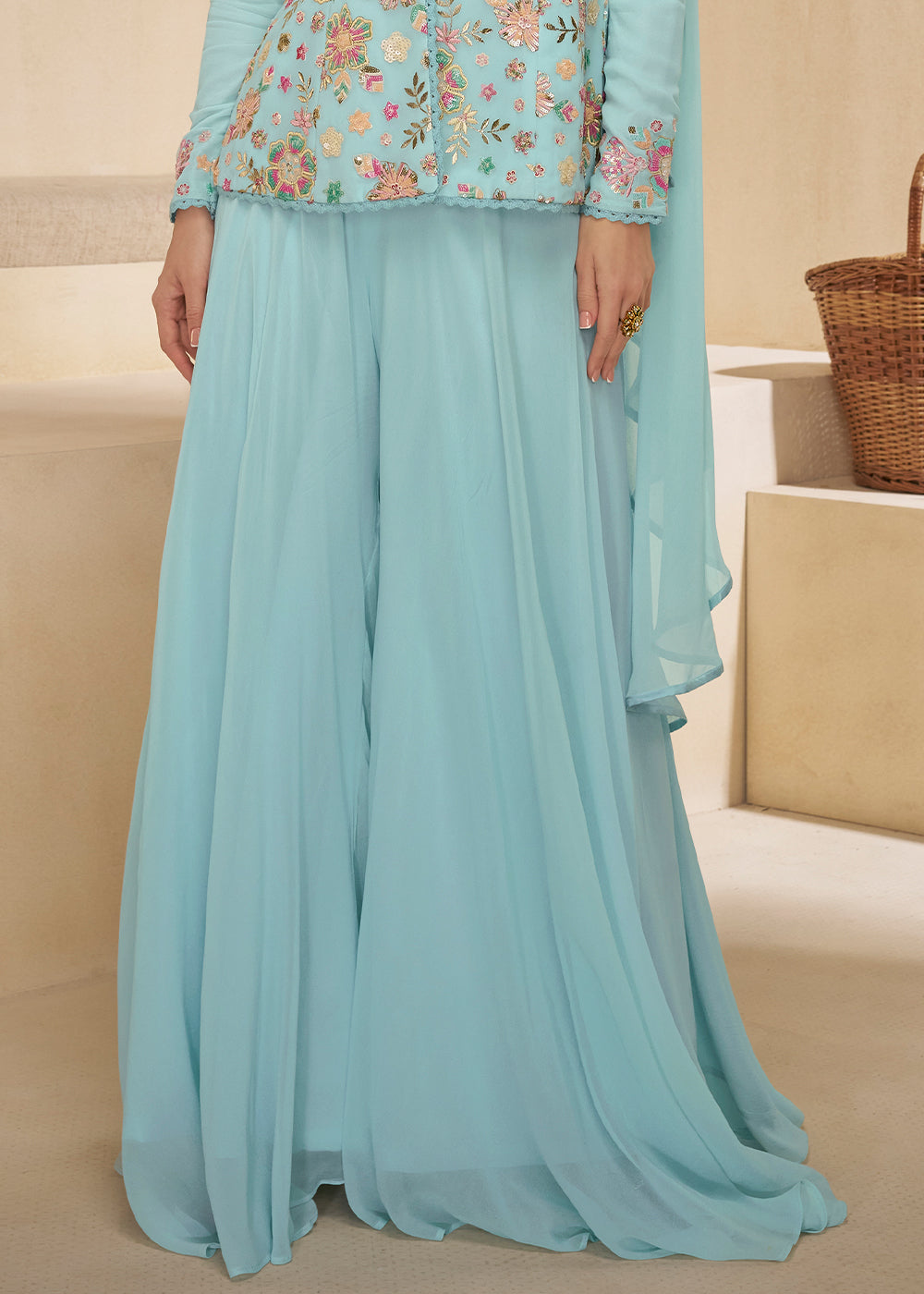 Sky Blue Embroidered Georgette Plazzo Suit