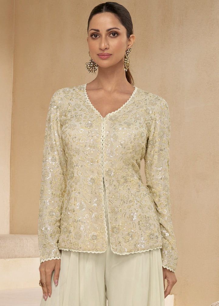 Pearl White Embroidered Georgette Plazzo Suit