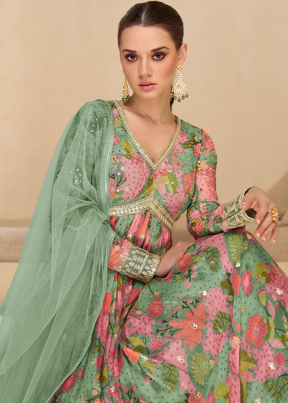 Green & Pink Georgette Anarkali Suit with Net Dupatta