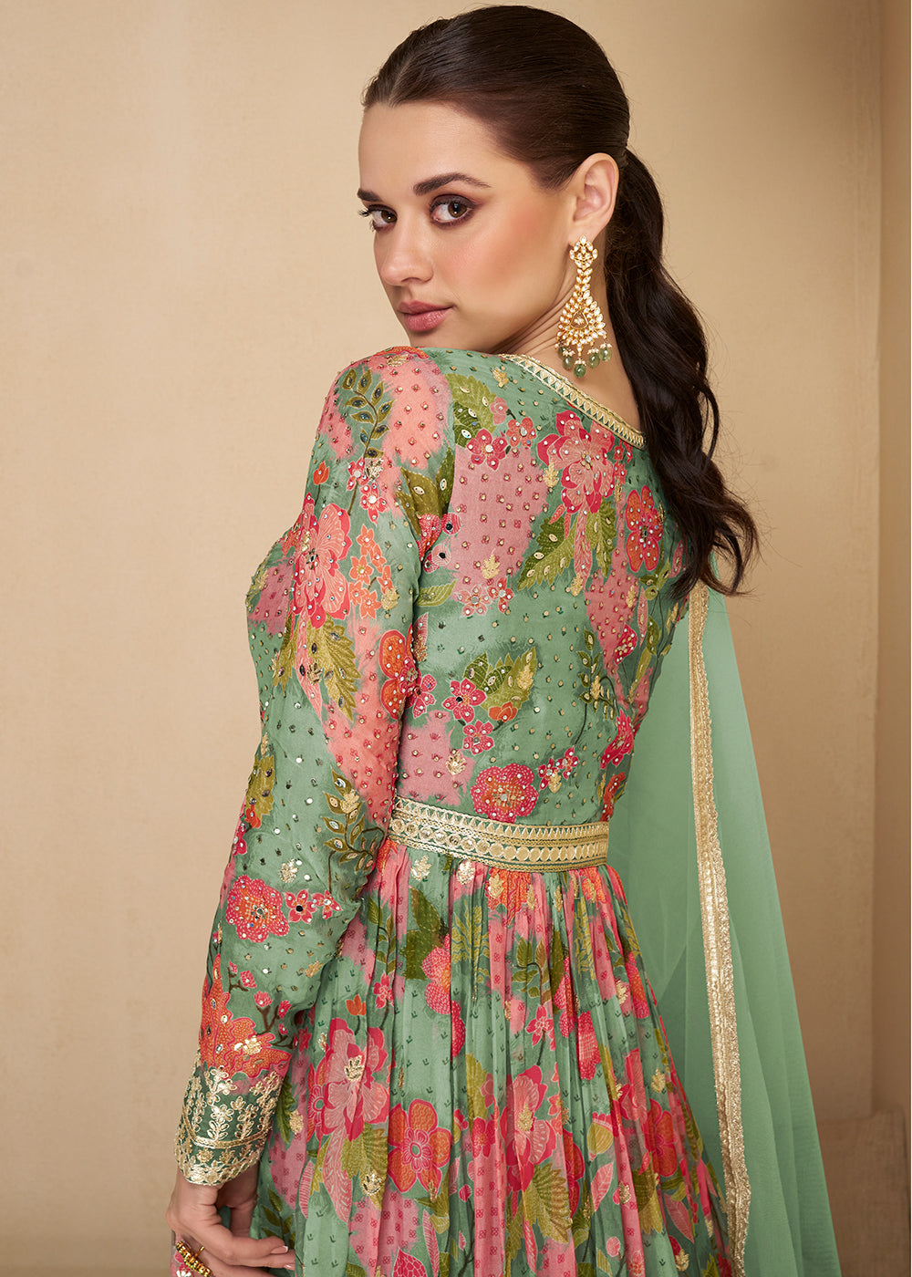 Green & Pink Georgette Anarkali Suit with Net Dupatta