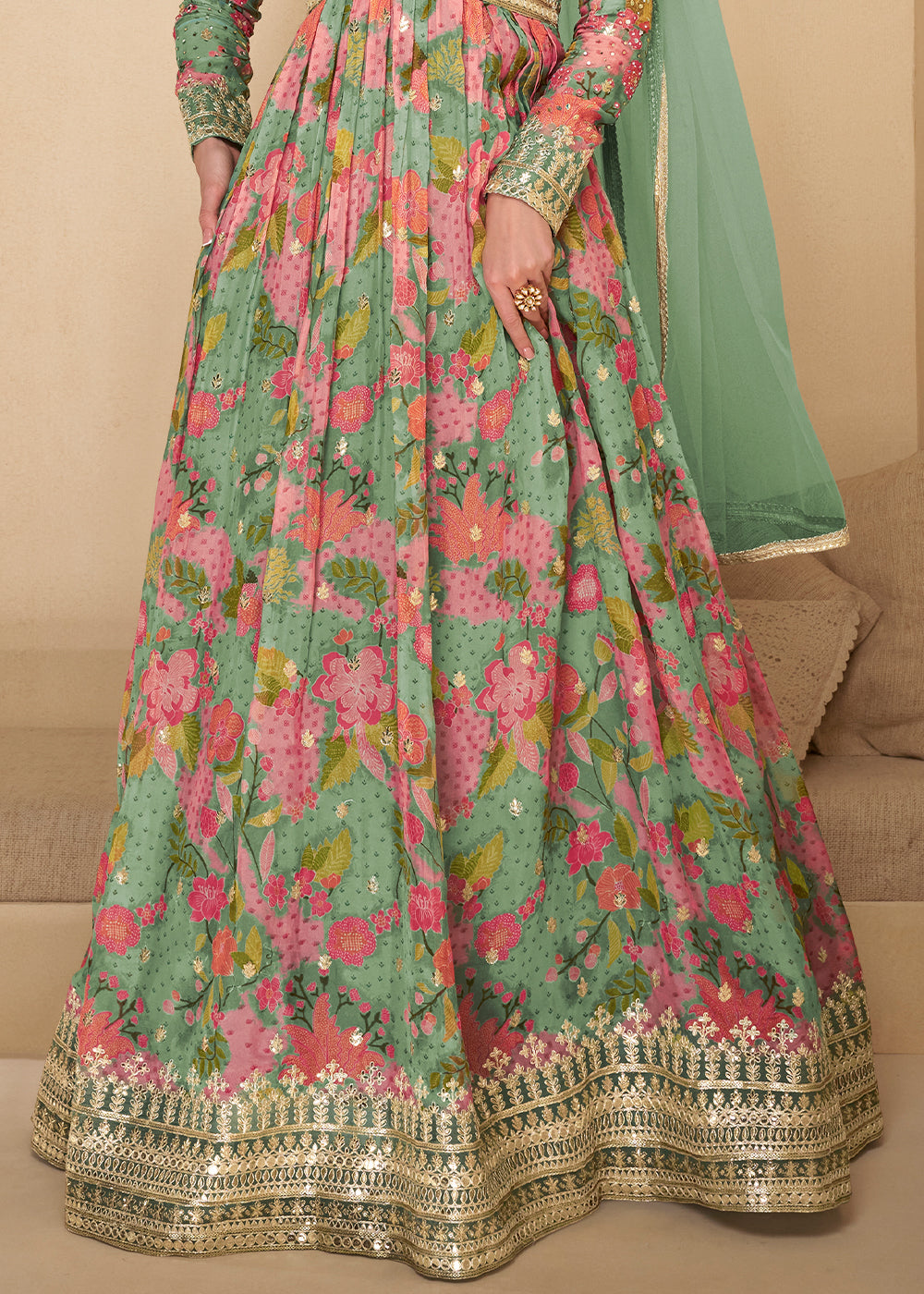 Green & Pink Georgette Anarkali Suit with Net Dupatta