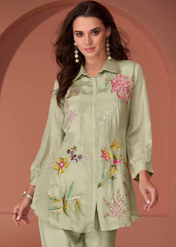 Light Green Designer Embroidered Cord Set