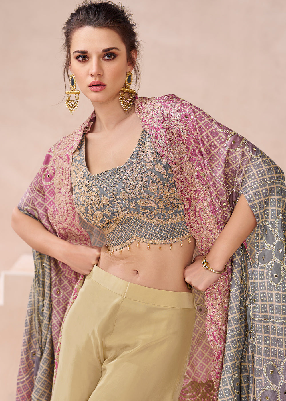 Brown & Grey Georgette Top Trouser Set with Designer Shrug