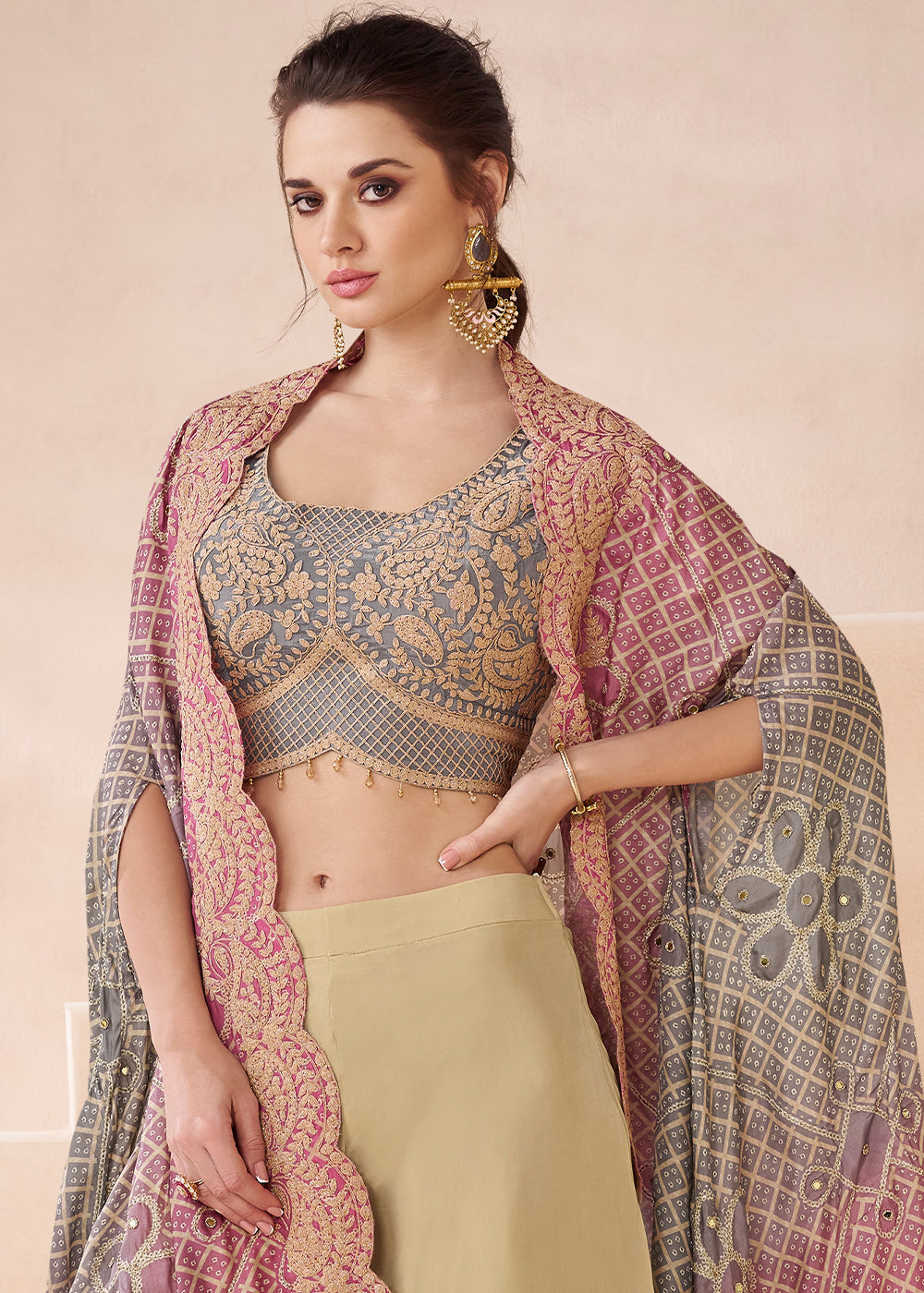 Brown & Grey Georgette Top Trouser Set with Designer Shrug