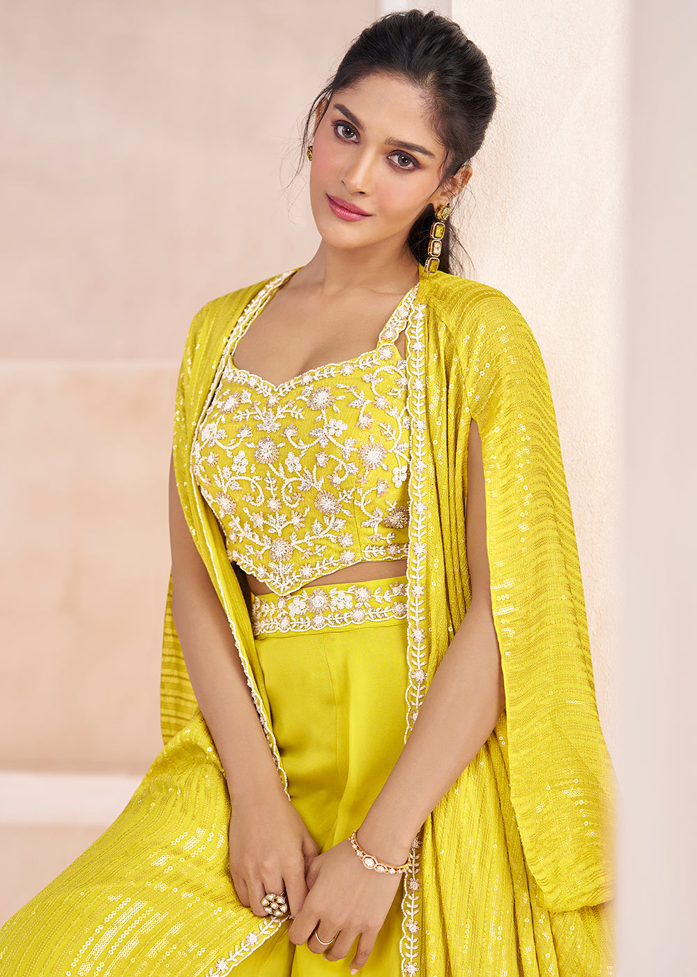 lemon Yellow Georgette Top Trouser Set with Designer Shrug