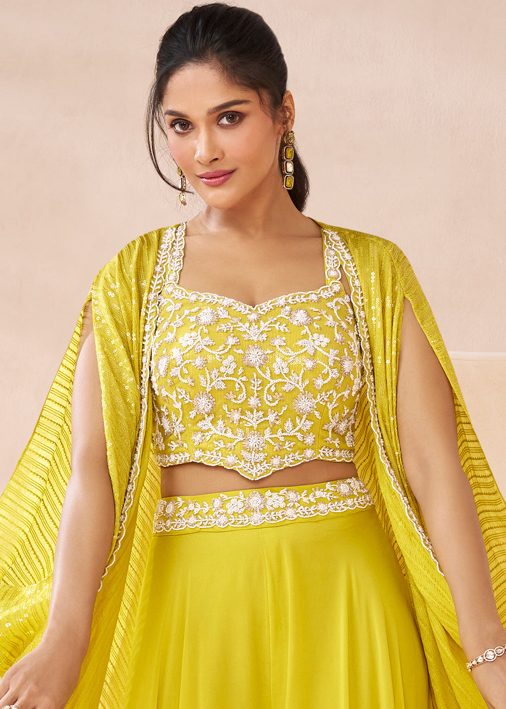 lemon Yellow Georgette Top Trouser Set with Designer Shrug