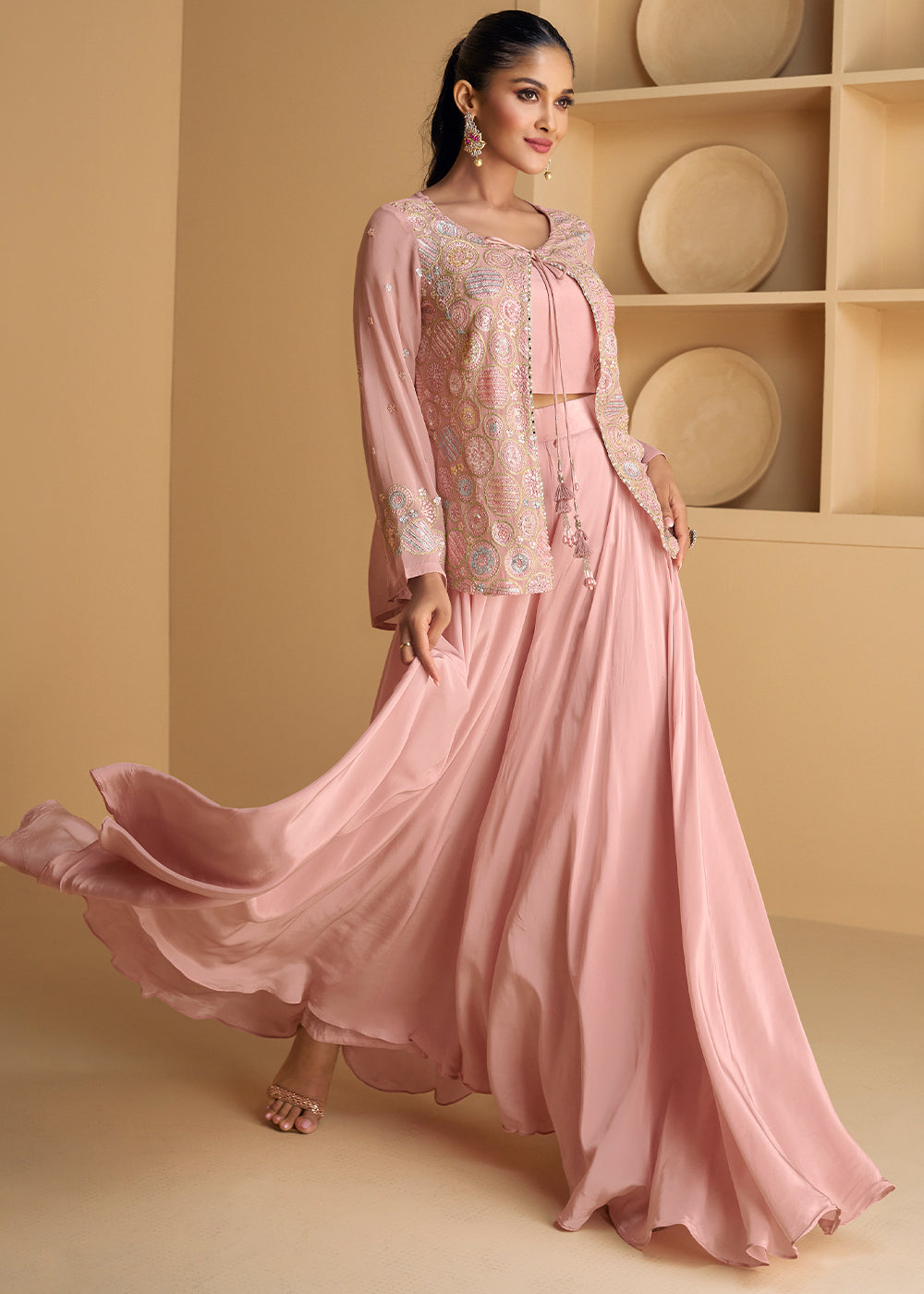 Sweet Pink Georgette Top Plazzo Set with Embroidered Jacket