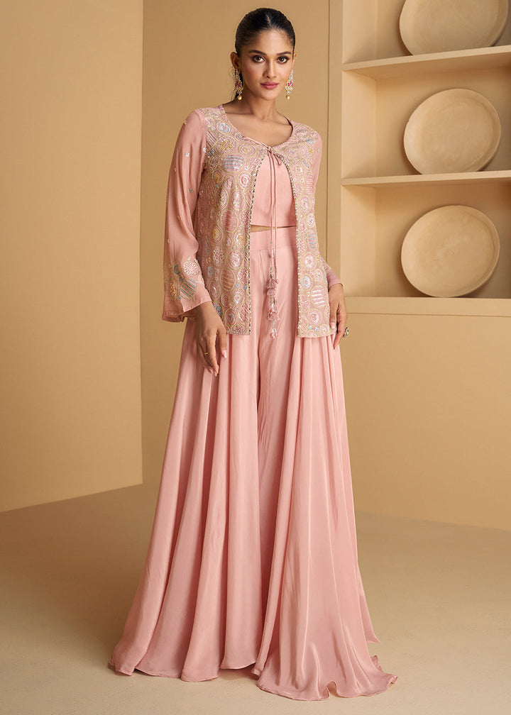 Sweet Pink Georgette Top Plazzo Set with Embroidered Jacket