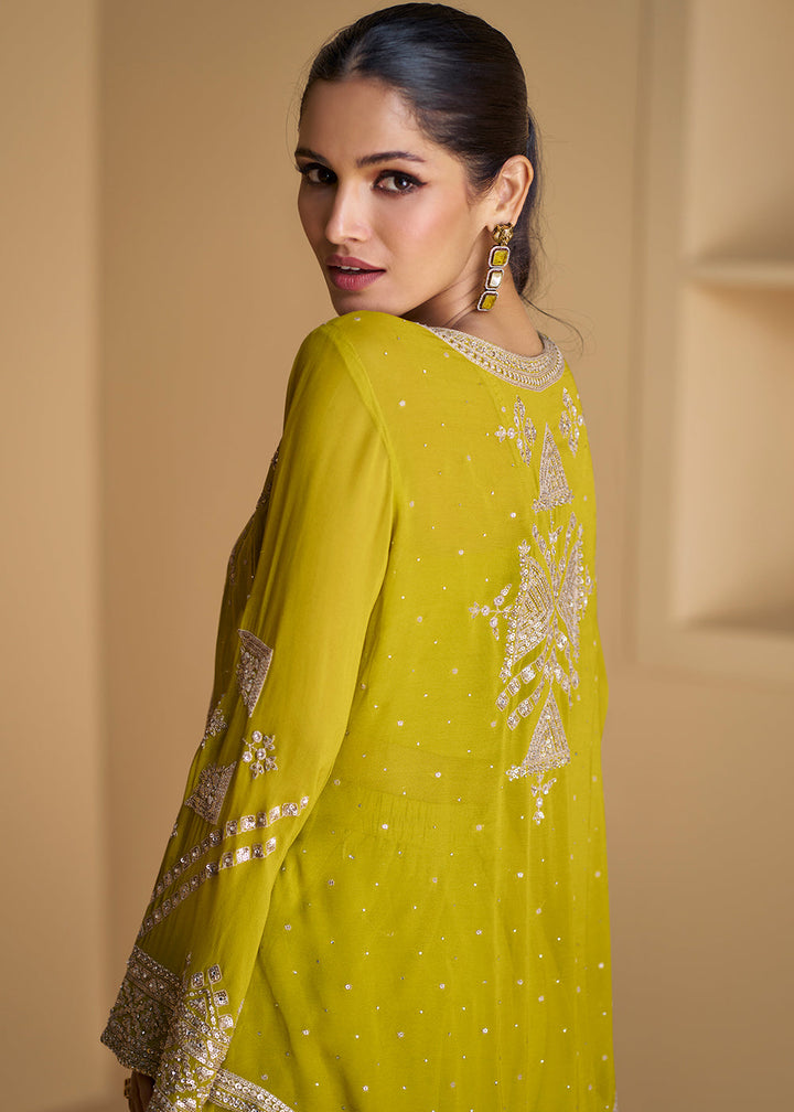 Chartreuse Green Georgette Top Plazzo Set with Embroidered Jacket