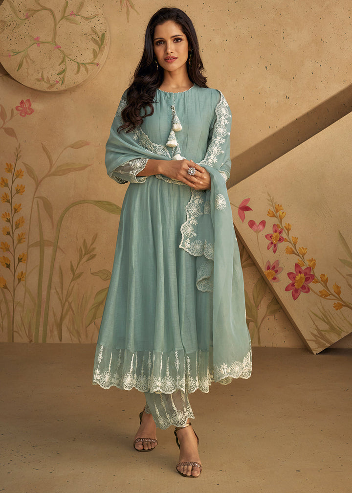 Cerulean Frost Blue Embroidered Silk Suit