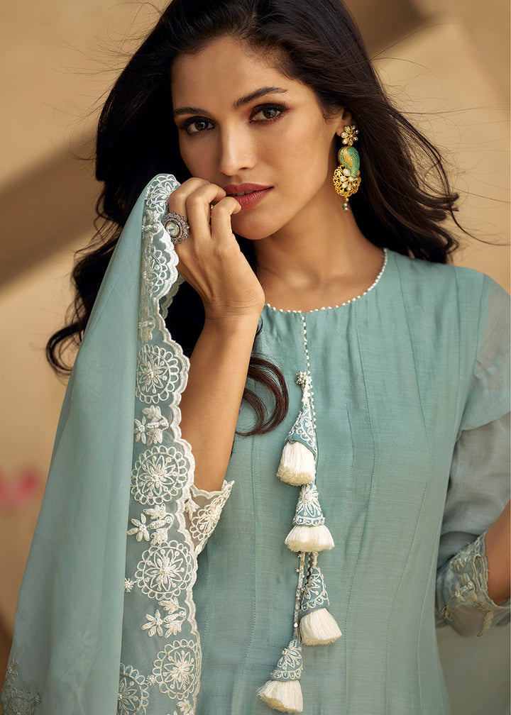 Cerulean Frost Blue Embroidered Silk Suit