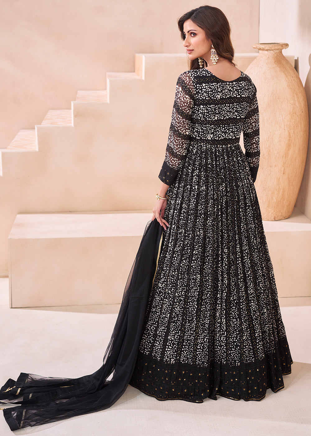 Pitch Black Embroidered Georgette Anarkali Suit