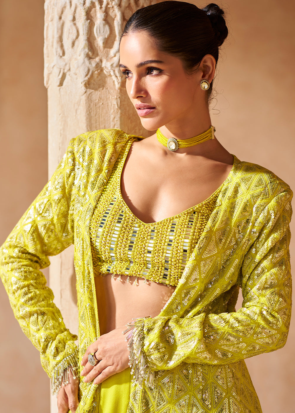 Lemon Yellow Georgette Top Plazzo Set With Long Embroidered Jacket