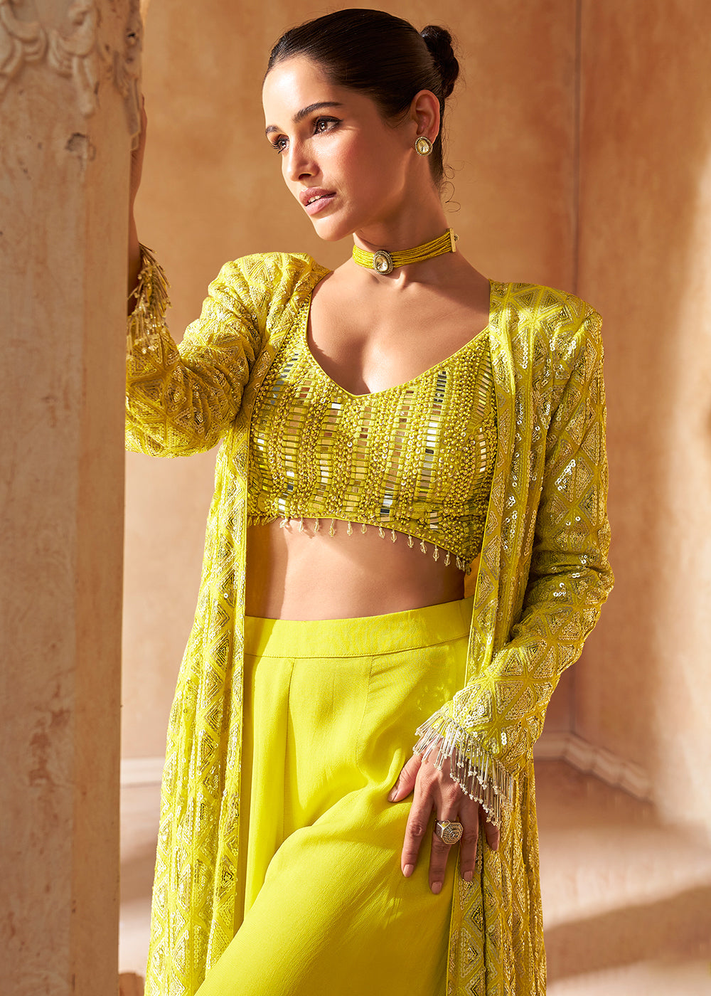 Lemon Yellow Georgette Top Plazzo Set With Long Embroidered Jacket