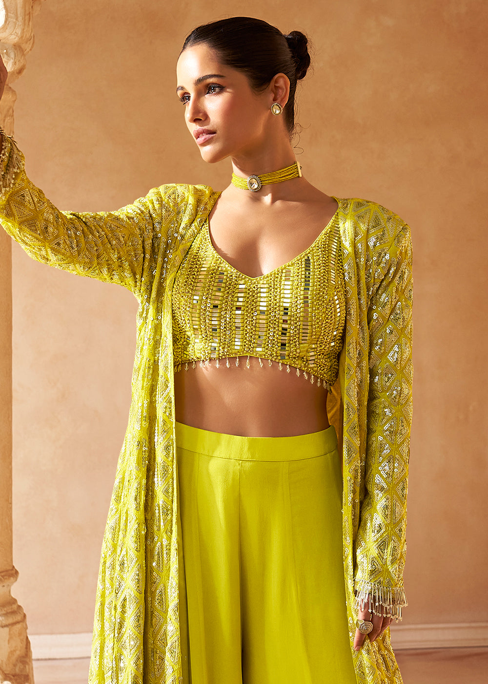 Lemon Yellow Georgette Top Plazzo Set With Long Embroidered Jacket