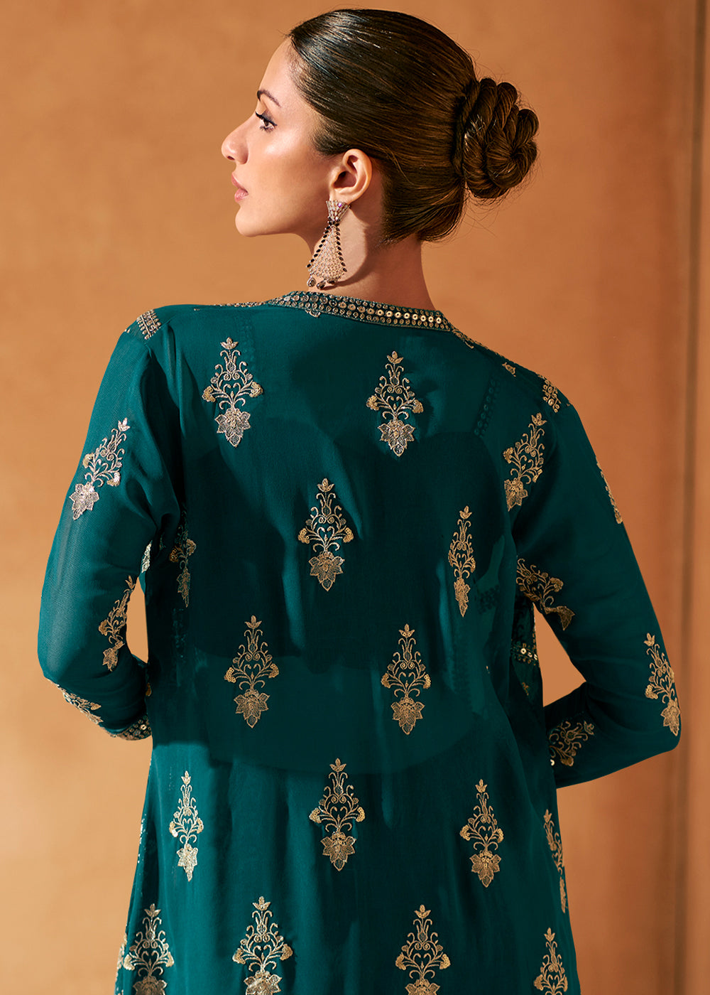 peacock Blue Georgette Top Plazzo Set With Long Embroidered Jacket