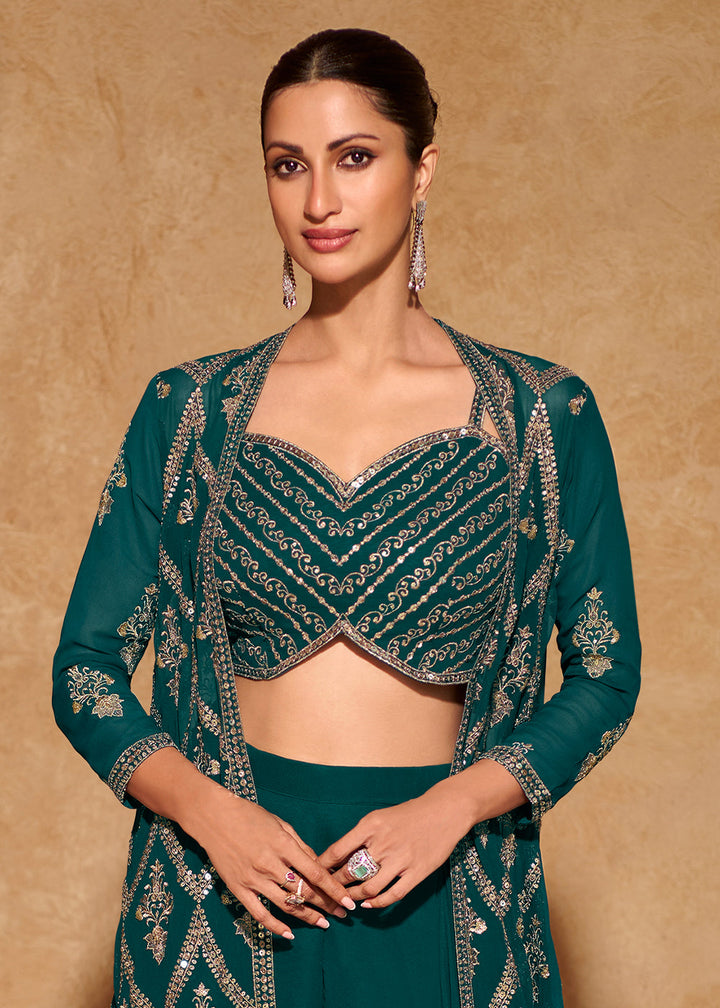 peacock Blue Georgette Top Plazzo Set With Long Embroidered Jacket