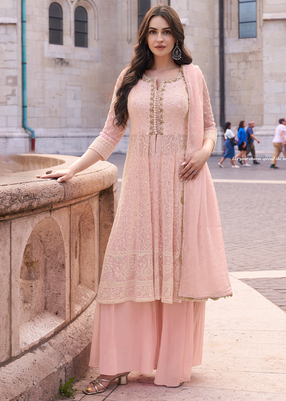 Flamingo Pink Georgette Plazzo Suit With Embroidery Work