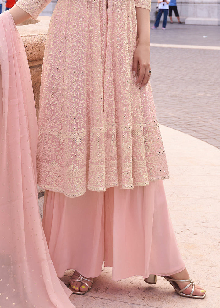 Flamingo Pink Georgette Plazzo Suit With Embroidery Work