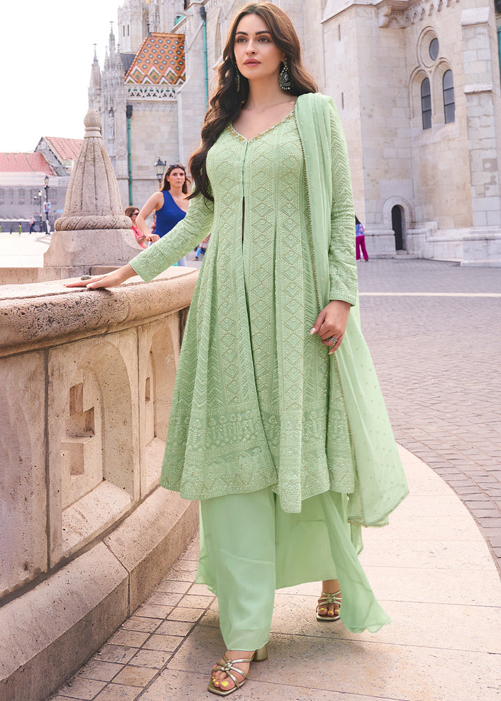 Pastel Green Georgette Plazzo Suit With Embroidery Work