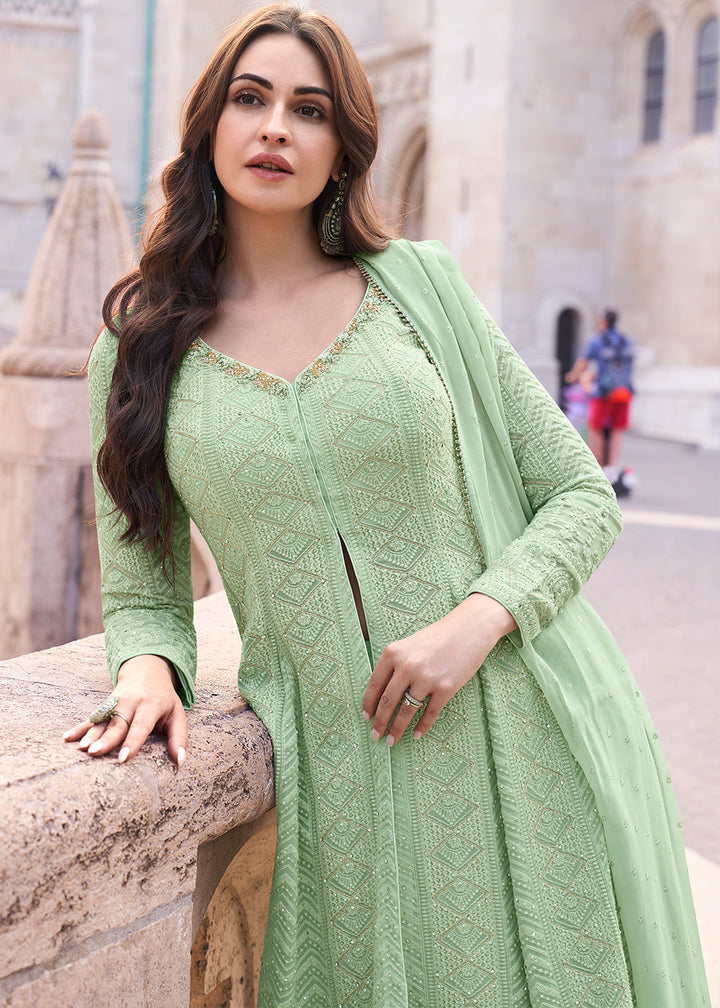 Pastel Green Georgette Plazzo Suit With Embroidery Work