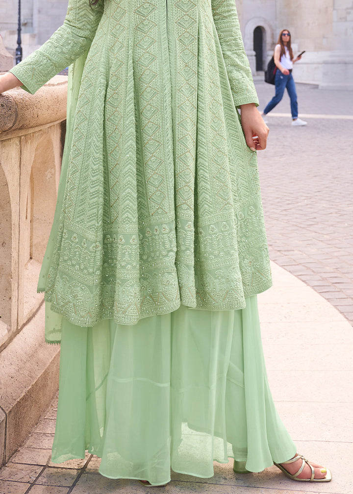 Pastel Green Georgette Plazzo Suit With Embroidery Work