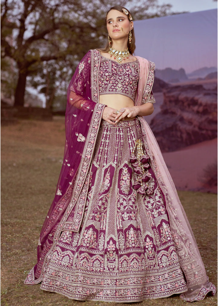 Purple Pure silk Moti, Sequins embroidery Bridal Lehenga