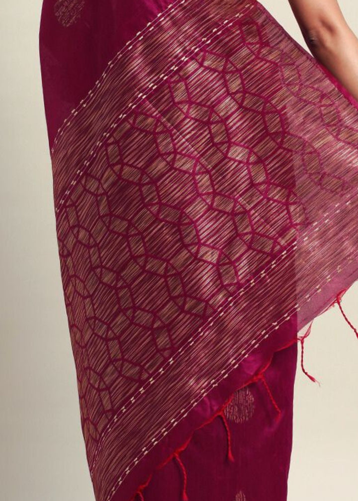 Wine Woven Handloom Raw Silk Saree