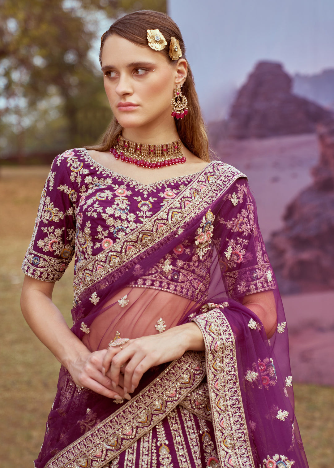 Dark Purple Pure silk Moti, Coding embroidery Bridal Lehenga