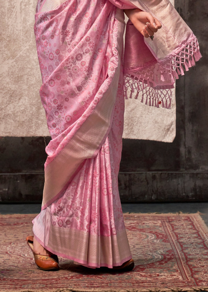 Rose Pink Pure Satin Handloom Weaving Silk Sarees