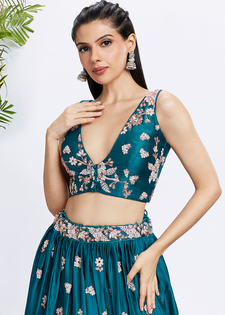 Teal Blue Georgette Lehenga Choli with Sequins & Thread Embroidery work